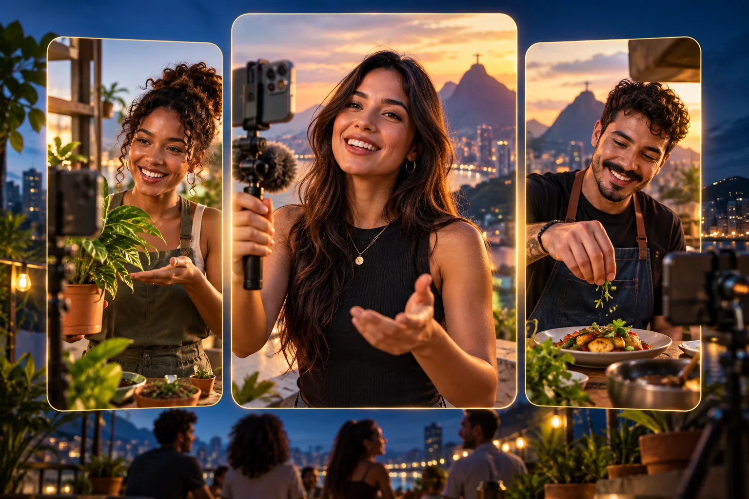 Capa ilustrativa da Vitrine Social: criadores compartilhando vídeos sobre culinária, plantas e o dia a dia.